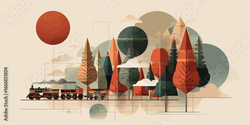 Vintage steam train journeying through a stylized geometric forest under a large red sun.