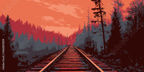 Stylized vector art of railroad tracks leading into a pine forest under a vibrant orange and red sky, creating a vanishing point perspective.