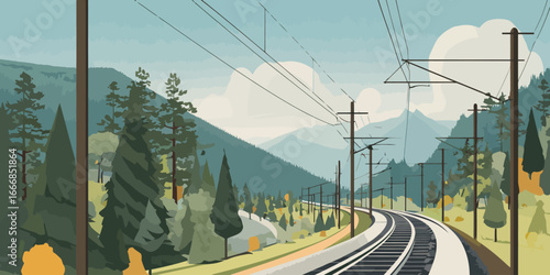 Stylized Illustration of a Curving Railway through a Mountain Forest with Catenary Lines
