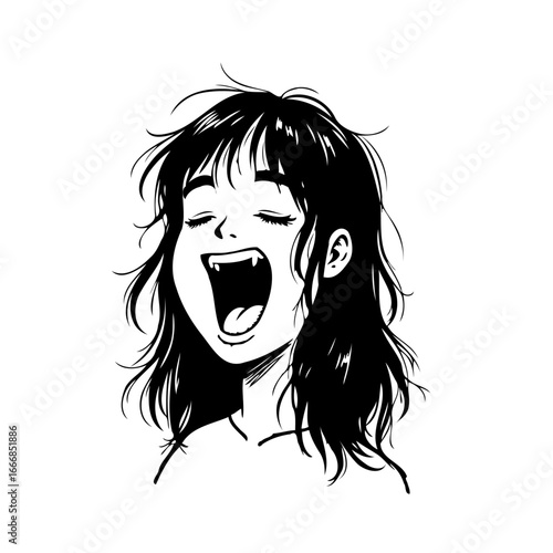 Expressive manga character portrait showcasing uninhibited emotion with exaggerated fangs and