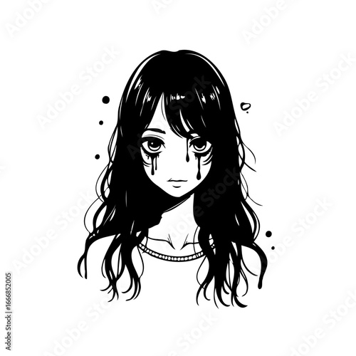 Expressive monochrome illustration of a young woman portrait with emotional intensity for graphic