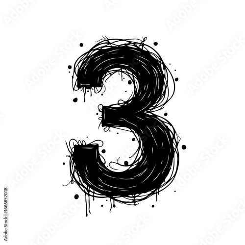 Expressive numeral three artwork evoking artistic creation through scribbled lines on a white