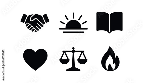 vector solid black filled icons earnestness (symbols): handshake sunrise open book heart balanced scale steady flame.