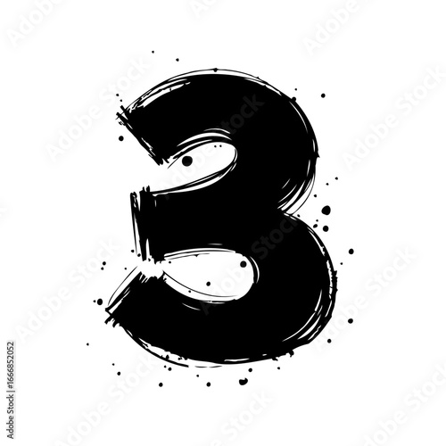 Expressive numeral three artistic rendering a bold digit with dynamic splatters creating a unique