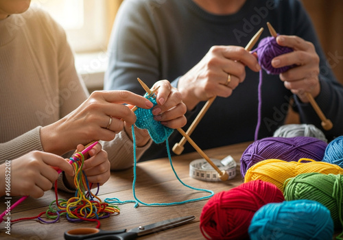 Group of people knitting together, a social crafting hobby.