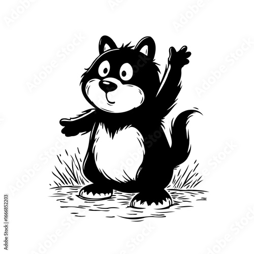 Friendly cartoon skunk waving cheerfully with grass background illustration for children books and