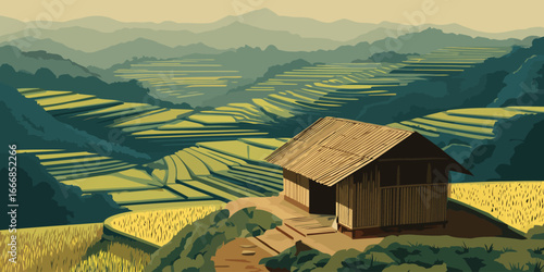 Serene Asian mountain landscape with a traditional wooden hut overlooking cascading rice paddy terraces, depicted in a flat, stylized art style.