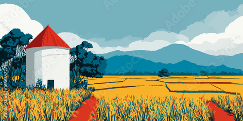 Vibrant rural landscape illustration with a white tower, red roof, and golden fields