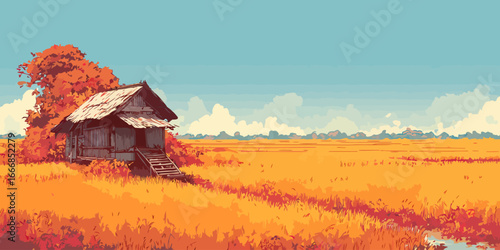 Stylized illustration of a rustic wooden hut and vibrant orange tree in a golden field under a blue sky.