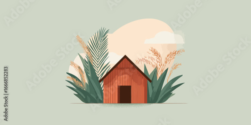 A minimalist illustration of a rustic terracotta hut nestled among lush green palm fronds, tropical leaves, and feathery pampas grass.