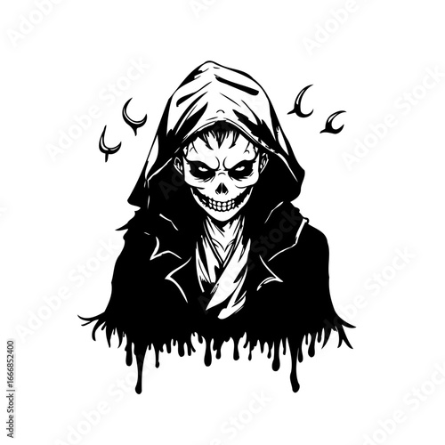 Grim depiction a cloaked figure with skeletal features embodying mortality amid crescent shapes