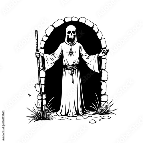 Grim reaper guardian amidst ancient archway, holding staff in grayscale illustration creates eerie