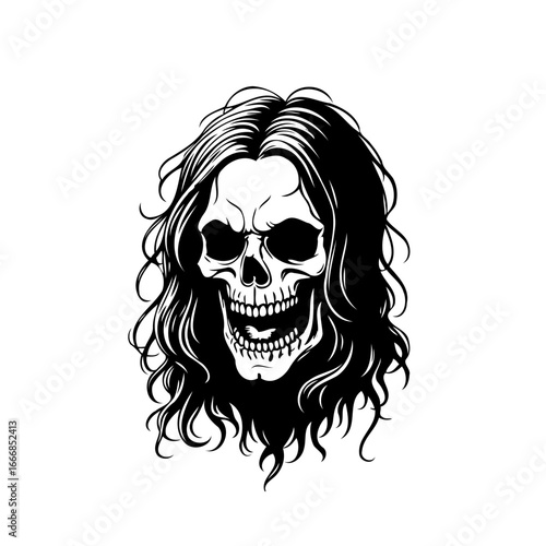 Grim visage with flowing tresses evokes mortality's embrace death becomes us with elegance deathly