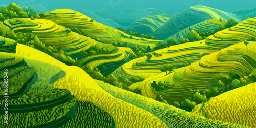 Stylized Illustration of Lush Green and Yellow Terraced Hills Landscape
