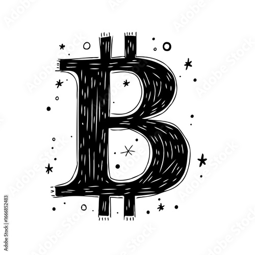 Hand Drawn Bitcoin Symbol surrounded by Stars and Circular Elements on Clean Background Shows