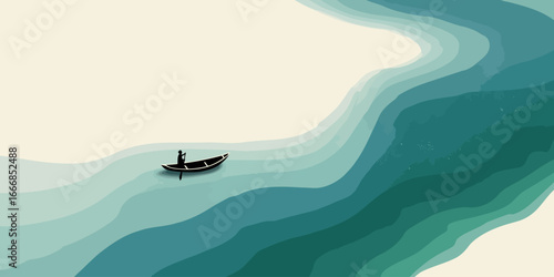 Minimalist black silhouette of a solitary person paddling a small traditional boat.