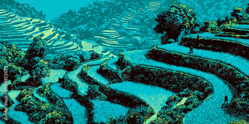 Stylized graphic illustration of cascading Asian rice terraces in a vibrant teal and green palette.