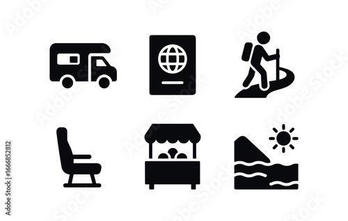 vector solid black filled icons career transformation (travel): camper van passport hiking trail train seat local market coastline.
