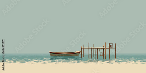 A tranquil coastal scene with a small boat moored by a rustic wooden pier.