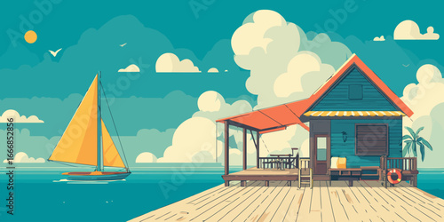 Serene tropical getaway with a pier bungalow and sailboat on a sunny day.