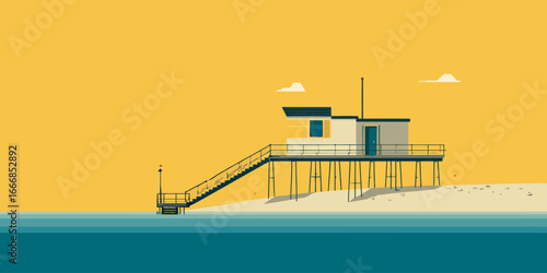 A modern, minimalist lifeguard tower on stilts, featuring a staircase and deck, in a graphic art style.