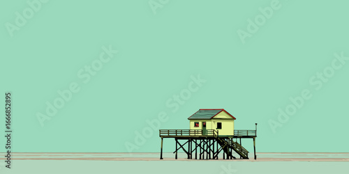 Stylized illustration of a quaint yellow stilt house with a red roof, elevated on a complex wooden pier structure.