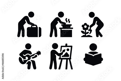 vector solid black filled icons career transformation (daily life): packing bag cooking gardening learning instrument painting reading.