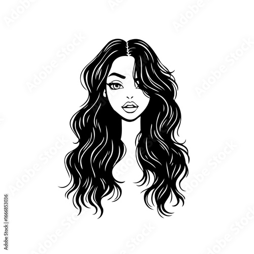 Illustrative artwork presenting a beautiful woman with flowing hair and stylish makeup, exhibiting