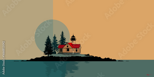 A stylized lighthouse and keeper's house with a red roof, nestled among pine trees on a small, silhouetted rocky island.