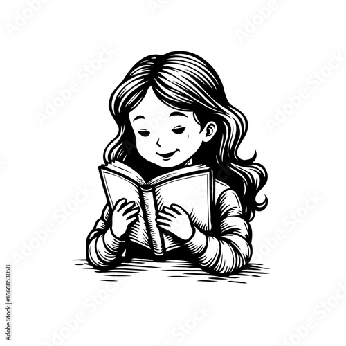 Illustrative artwork depicting a girl engrossed in reading a book radiating joy and intellectual