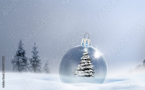 Weihnachtliche Stimmung mit einer Gläsernen Weihnachtskugel im Schnee