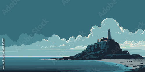 Graphic art of a coastal lighthouse on a dark, rocky cliff against a cloudy sky.