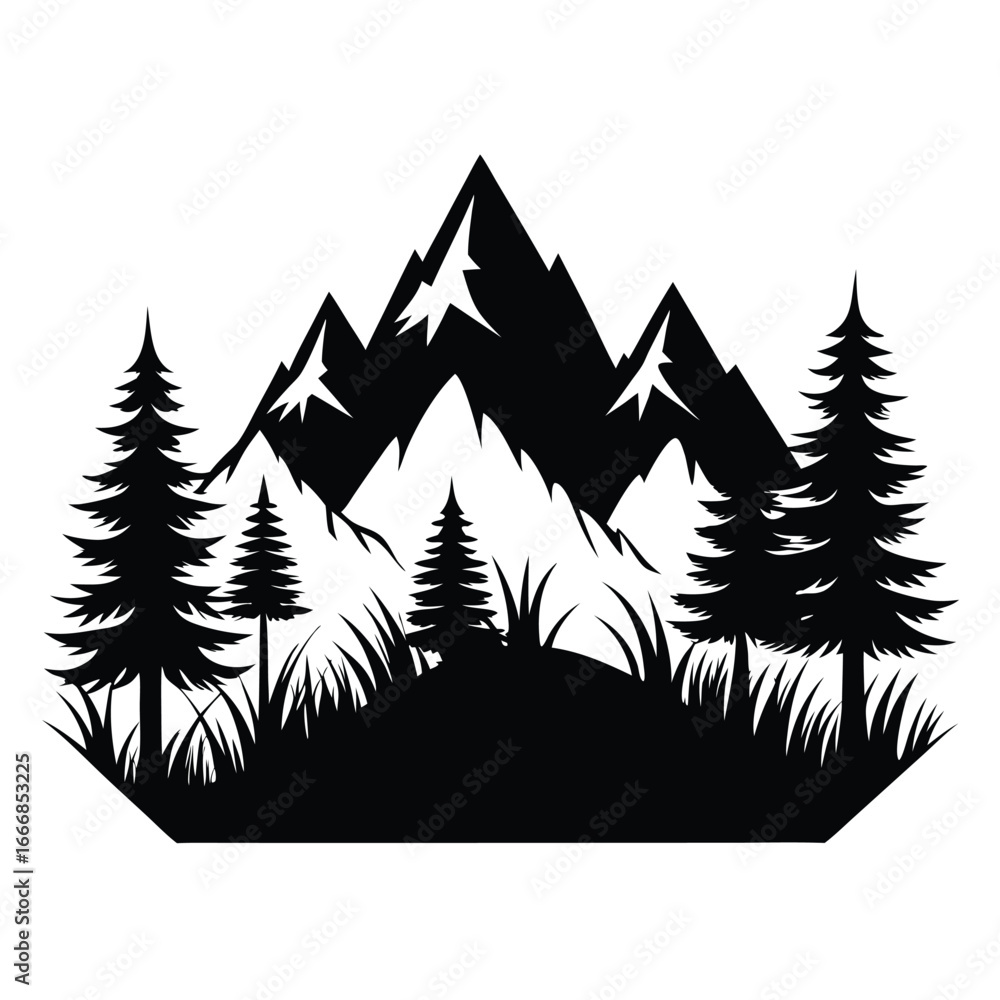 Obraz premium Silhouette Landscape Majestic Mountains, Pine Trees, and Lush Grass Illustration in Black