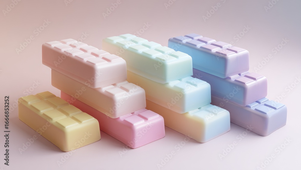 Fototapeta premium Stacked pastel-colored chocolate bars in a geometric arrangement. Soft, pastel hues of candy. Abstract, 3D render. Stacked bars. Pastel color gradient