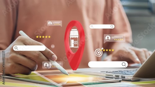 Person using a tablet or computer, interacting with a digital map, search, and business location interface, featuring reviews and ratings