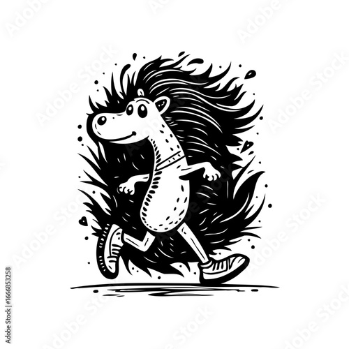 Illustrative monochrome hedgehog character jogging gleefully through stylized surroundings