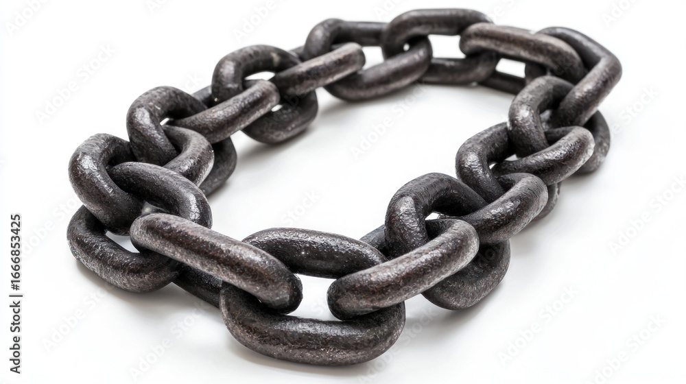Obraz premium A black chain with large links, lying on a white surface with a white background.