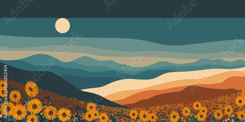 Minimalist panoramic landscape of a sunflower field with layered hills under a serene sky.