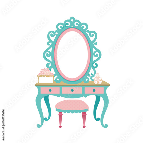 Vintage table and chair, vanity table isolated on white background.