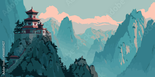 A stylized illustration of a remote Asian temple with red tiered roofs perched on a rugged cliff.