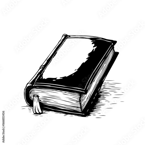 Ink drawing of an antique book with a ribbon marker evokes scholarly pursuits knowledge gathering