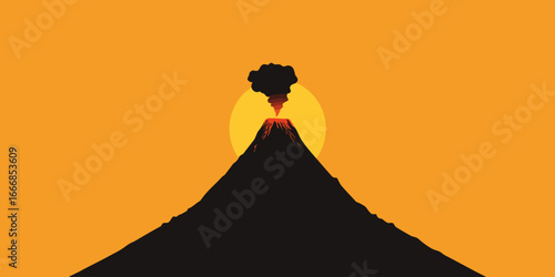 Stylized black silhouette of an erupting volcano with a fiery red lava crater and a dark smoke plume.