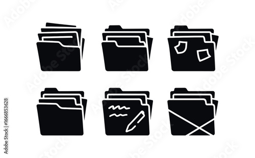 vector solid black filled icons accordion folder (archival): aged documents handwriting old photos paper clips storage box index cards.
