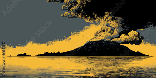 Dramatic graphic illustration of a silhouetted volcano erupting with a yellow ash cloud over water.