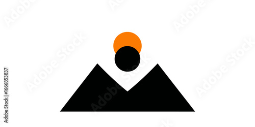 Minimalist geometric landscape with black mountains and an orange solar eclipse.