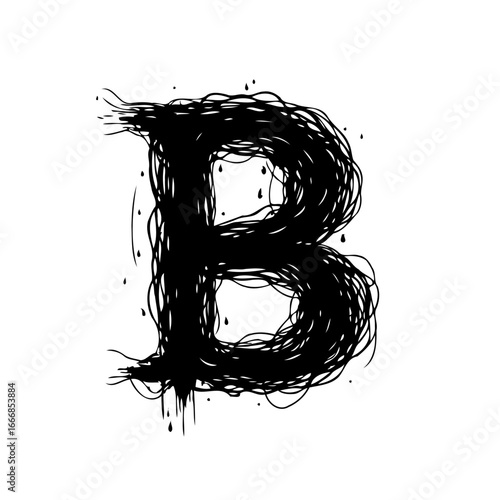 Intricate letter B formation through tangled ink strokes and drizzles against stark backdrop