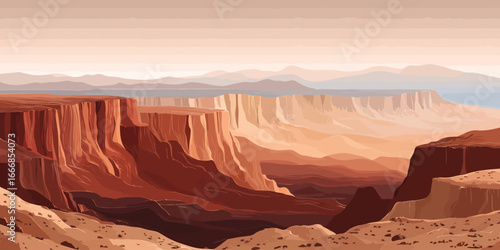 Stylized illustration of a majestic red rock canyon with layered cliffs and distant hazy mountains.