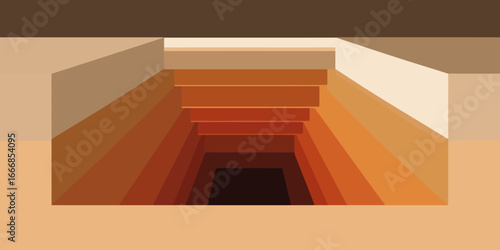 Geometric vector illustration of a descending staircase in warm brown and orange tones leading into a dark abyss.