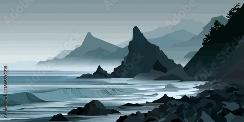 Misty coastal landscape illustration with jagged sea stacks and distant mountains.