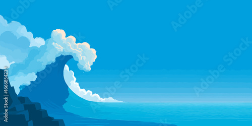 Stylized illustration of a massive blue ocean wave with white foam cresting near a rocky shore.